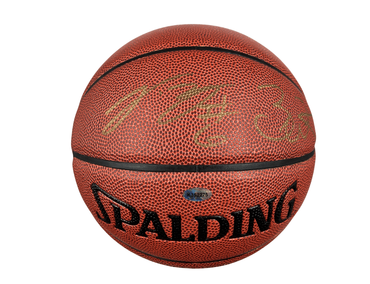 LeBron-James-Dwyane-Wade-Miami-Heat-Authentic-Signed-Brown-Spalding-Basketball-w-Golden-Signature-K-352275 (1) LeBron James and Dwyane Wade Miami Heat Signed Brown Spalding Basketball